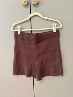 High-Waist Ribbed Knit Shorts — Brown